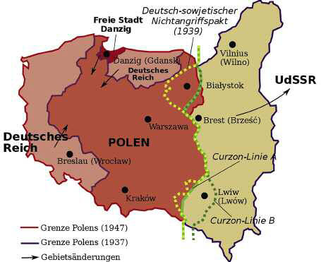 Von Polen in der Zwischenkreigszeit erobert und nach dem Hitler-Stalin-Pakt wieder verloren: Das mehrheitlich von Nichtpolen bewohnte „Ostpolen“ (braun)
