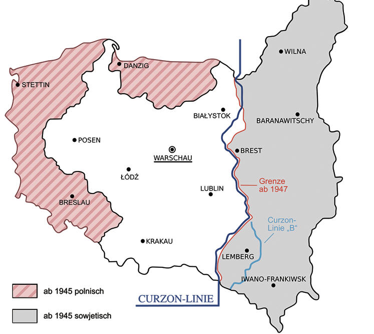 Wurde am 8. Dezember 1919 in Paris unter Bezugnahme auf die Muttersprache der jeweiligen Mehrheitsbevölkerung als polnisch-russische Demarkationslinie vorgeschlagen: Die Curzon-Linie.