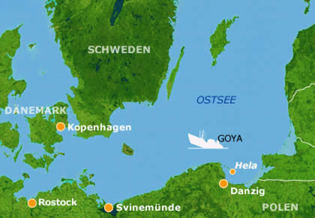Der Standort der Goya bei der Versenkung in der Ostsee. 