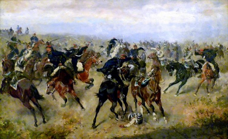 sterreichische Reiter greifen in der Schlacht von Kniggrtz preuische Infanteristen an: Gemlde von Alexander d. J. von Bensa (1820-1902)