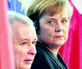 Partner-Probleme - Ernste Gesichter: Der polnische Ministerpräsident Jaroslaw Kaczynski und Bundeskanzlerin Angela Merkel vor der Presse.