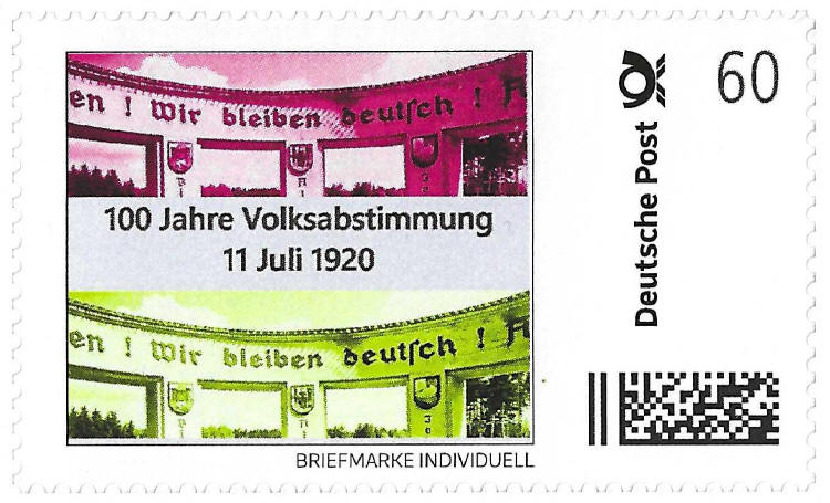 Diese Briefmarke wurde anläßlich des Gedenkens der Volksabstimmung von 1920 von der Deutschen Post als "Sonderanfertigung" für die Kreisgemeinschaft Allenstein Land in einer Auflage von 40 Stück hergestellt  Die Marken sind vergriffen, also nicht mehr zu haben.